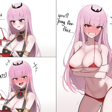 hololive, hololive english, mori calliope, dotonburi, angry, annoyed, before and after, bikini, blush, breasts, cleavage, collarbone, dress, embarrassed, female