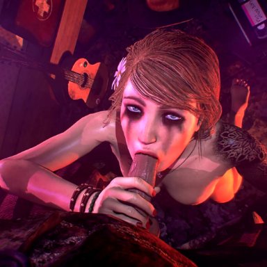 dead by daylight, kate denson, kenneth chase, the clown, sfmwalrus, blonde hair, blowjob, blue eyes, deepthroat, flower in hair, handjob, knife, looking at partner, looking at viewer, on knees