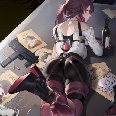 kafka (honkai: star rail), hle64653591, ass, dat ass, feet, pantyhose, red hair, wine, wine glass, tagme