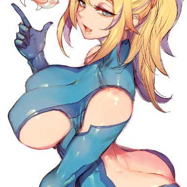 metroid, nintendo, baby (metroid), metroid (creature), samus aran, fumio (rsqkr), 1girls, ass, blonde hair, breasts, female, large ass, large breasts, light skin, light-skinned female