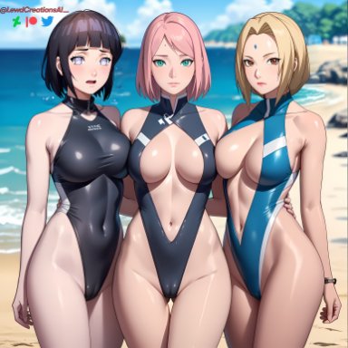 boruto: naruto next generations, naruto, naruto (series), naruto shippuden, naruto: the last, haruno sakura, hyuuga hinata, sakura haruno, tsunade, lewdcreationsai, 3girls, beach, big breasts, black hair, blonde hair