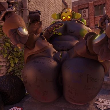 blizzard entertainment, overwatch, omnic, orisa, snips456, snips456fur, abuse, adorable, anus, areola, ass, balls, belly, big ass, big belly