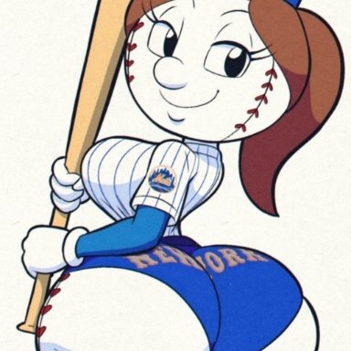 mlb, new york mets, mrs. met, tansau, 1girls, ass, breasts, clothed, clothed female, female, female only, gloves, huge ass, looking at viewer, looking back