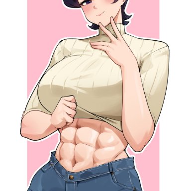 komi-san wa komyushou desu, komi shuuko, cromwellb, 1girls, abs, asian, asian female, athletic, athletic female, big breasts, blush, blushing, breasts, japanese female, jeans