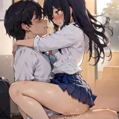 please don't bully me, nagatoro, hayase nagatoro, aigeneratedp, 1boy, 1girls, black hair, blush, breasts, brown eyes, chair position, clothed, clothing, cowgirl position, creampie, cum inside