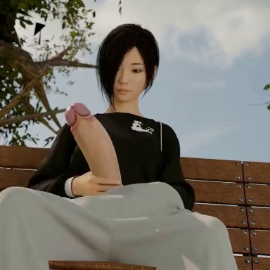 mae (ebashuchan), ebashuchan, 1futa, 1futanari, asian, asian futanari, bench, black hair, clothed masturbation, cum, cumming, erected penis, erection, futa only, futanari