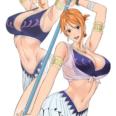 one piece, nami, armpits, belly, belly button, belly dancer, belly dancer outfit, brown eyes, cleavage, female, harem girl, harem outfit, huge breasts, looking at viewer, midriff