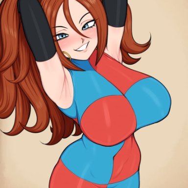 dragon ball, dragon ball fighterz, android 21, android 21 (human), vomi (dragon ball), afrobull, 1girls, ahoge, armpit fetish, armpits, arms behind head, arms up, big breasts, big hair, black gloves