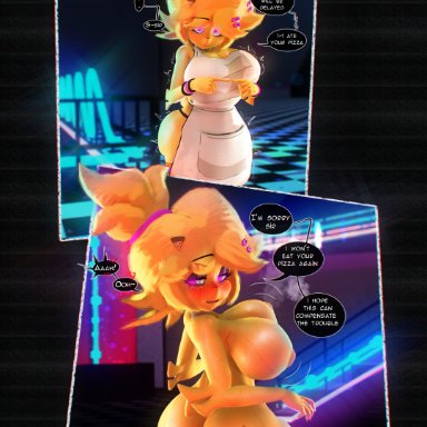 fazclaire's nightclub, five nights at freddy's, fredina's nightclub, sfm, chica (cally3d), chica (fnaf), chiku, chiku (cryptia), dash23, 1boy, 1girls, apron, bouncing breasts, chicken, furry