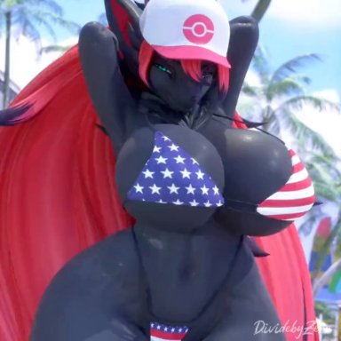 nintendo, pokemon, pokemon (species), zoroark, dividebyzero, american flag bikini, bedroom eyes, big breasts, big thighs, blue eyes, bouncing breasts, closed eyes, female only, fur, furry