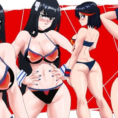 kill la kill, junketsu, kiryuuin satsuki, matoi ryuuko, senketsu, echosaber, 2girls, ass, big breasts, bikini, black bikini, black hair, blue hair, female, female only