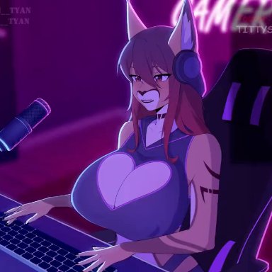 16:9, animated, anthro, ashley (mutagen), big breasts, breasts, caracal, caracal (genus), computer keyboard, computer mouse, dildo, dildo in pussy, dildo insertion, evilaudio, felid