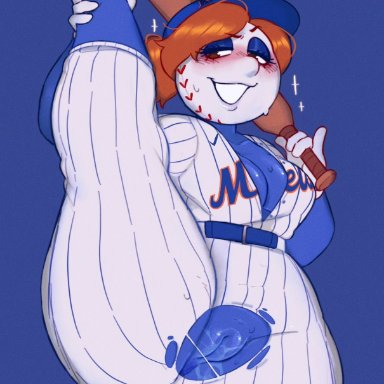 mrs. met, averrbaverr, 1girls, baseball, baseball bat, baseball cap, baseball uniform, blue background, blue body, blue skin, blush, breasts, cleavage, female, female focus