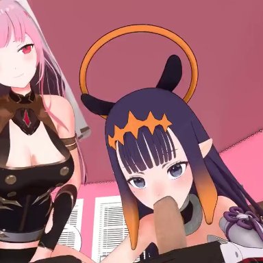 hololive, hololive english, mori calliope, ninomae ina'nis, delalicious3, pixiewillow, thenaysayer34, tyviania, vranimeted, 1boy, 2girls, assisted fellatio, breasts, cleavage, deepthroat