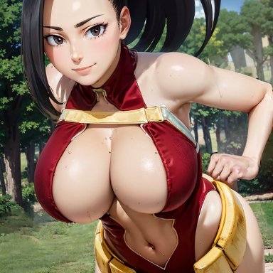 my hero academia, momo yaoyorozu, panda ai, panda-ai, stable diffusion, 1girls, black hair, breasts, female, hero outfit (mha), huge breasts, light skin, light-skinned female, long hair, nipples