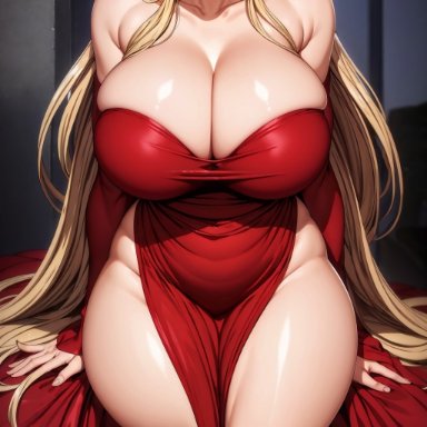 saimin seishidou, kurashiki reika, stable diffusion, yodayo, 1girls, big breasts, blonde hair, blue eyes, blush, calves, cleavage, dress, earrings, exposed thighs, hourglass figure