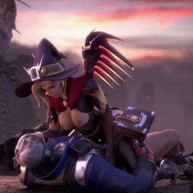 overwatch, mercy, soldier 76, witch mercy, ellowas, cowgirl position, riding, side view, wings, witch costume, tagme, video