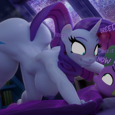 my little pony, rarity (mlp), spike (mlp), hooves-art, 1boy, 1girls, anthro, ass, ass up, completely nude, completely nude female, crazy, crazy smile, extremely horny, female