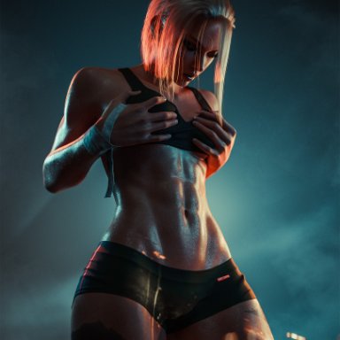 street fighter, cammy white, ecksoh, abs, blonde hair, bra, groping breasts, groping self, short shorts, solo female, sweat, sweatdrop, sweating, toned, toned female