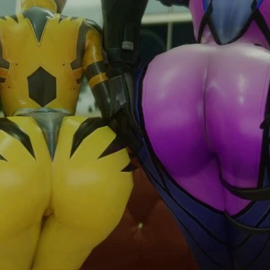 overwatch, b.va, d.va, widowmaker, kishi, 2girls, ass, ass focus, ass shake, big ass, bodysuit, from behind, gloves, jiggle, leaning