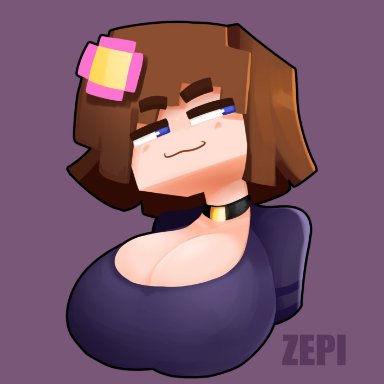 minecraft, jenny belle, slipperyt, zepiereite, :3, big breasts, blue eyes, brown hair, choker, flower, flower in hair, flower on head, huge boobs, huge breasts, purple background