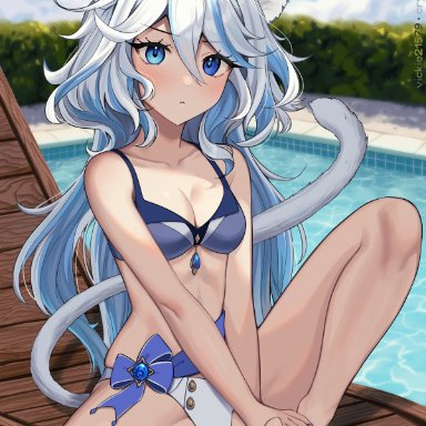 genshin impact, furina (genshin impact), 1girls, bikini, blue eyes, blush, cat ears, cat tail, catgirl, feet, female, female focus, female only, looking at viewer, medium breasts