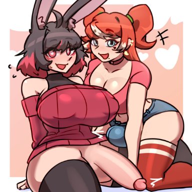 tam (automat-on), sunk118, 2futas, animal ears, balls, big breasts, big penis, black hair, blue eyes, bottomless, breasts, bulge, clothed, clothing, duo