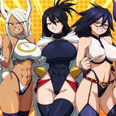 my hero academia, nana shimura, nemuri kayama, rumi usagiyama, reit, 5girls, abs, big breasts, black hair, blonde hair, bunny ears, cameltoe, dark skin, fit female, heroine