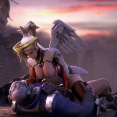 overwatch, mercy, soldier 76, ellowas, cowgirl position, moaning, moaning in pleasure, riding, side view, wings, tagme, video
