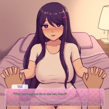 doki doki literature club, yuri (doki doki literature club), dbagdraws, bedroom eyes, before sex, big breasts, fully clothed, handholding, heart-shaped pupils, long hair, pov, pov eye contact, dialogue, text