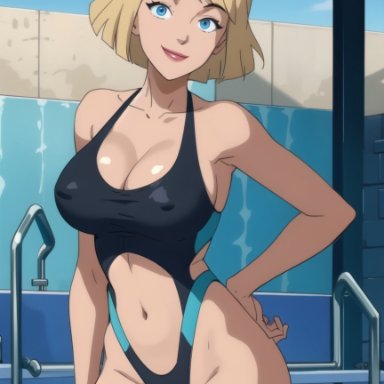 totally spies, clover (totally spies), bonnieaiart, 1girls, bell haircut, blonde female, blonde hair, blue eyes, breasts, exposed belly button, female, female only, happy female, pool, solo