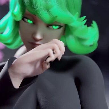 one-punch man, tatsumaki, ent duke, 1boy, 1girls, black dress, feet, green eyes, green hair, legs, looking at viewer, nude, telekinesis, 3d, animated