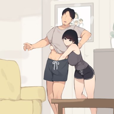 original, pepper0, 1boy, black hair, black shorts, breasts, couch, faceless, faceless male, father and daughter, female, grey shirt, hand under clothes, hand under shorts, incest