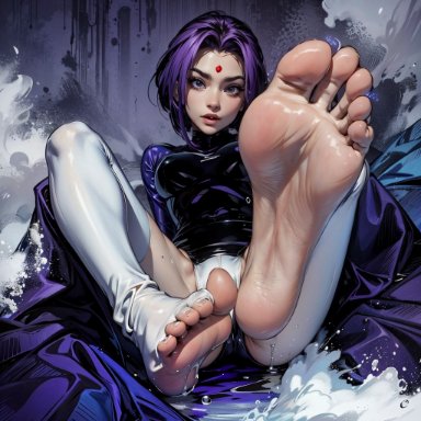 teen titans, raven (dc), stable diffusion, 1girls, barefoot, emo, feet, female, female focus, female only, foot fetish, foot focus, fully clothed, goth, goth girl