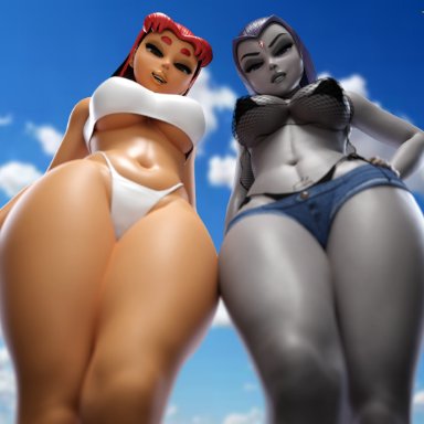 dc, dc comics, teen titans, raven (dc), starfire, smitty34, bikini, thick thighs, voluptuous, voluptuous female, wide hips, 3d, 3d (artwork), blender (software), low-angle view