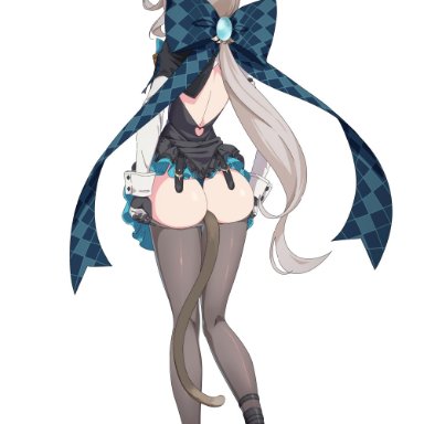 genshin impact, lynette (genshin impact), sando (dukedevil), anal, anal object insertion, anal tail, animal ears, ass, black bow, black footwear, black gloves, blonde hair, bow, brown pantyhose, cat ears