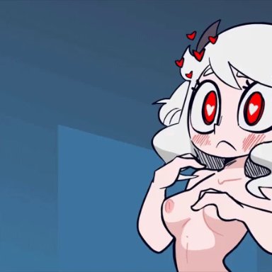 helltaker, patreon, modeus (helltaker), diives, 1boy, 1girls, blush, bodily fluids, cute fang, demon, demon girl, erect nipples, erect nipples under clothes, getting erect, heart