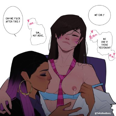 overwatch, valorant, d.va, reyna (valorant), theredhoodbunny, 2girls, blush, bra down, breast sucking, brown hair, closed eyes, dark skin, dripping, earrings, face markings