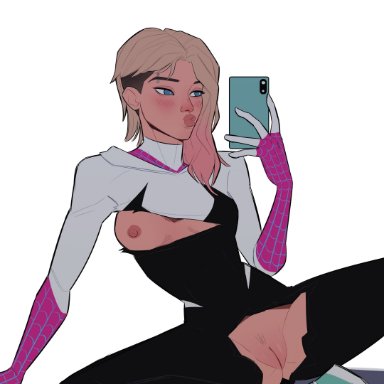 spider-man (series), gwen stacy, spider-gwen, theredhoodbunny, 1girls, blonde hair, blue eyes, blush, bodysuit, cleavage, duck face, dyed hair, eyebrow piercing, holding phone, phone