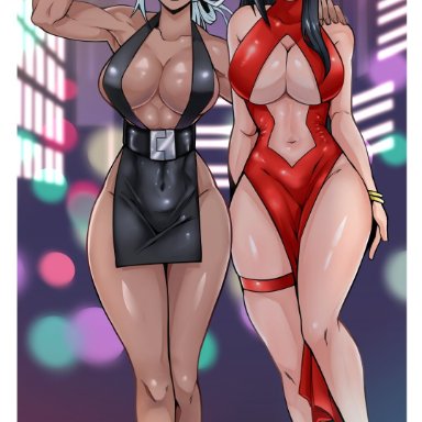 my hero academia, miruko, momo yaoyorozu, deaf (artist), 2girls, belly button, big breasts, black dress, black eyes, black hair, blush, boob window, bracelets, bunny ears, dress