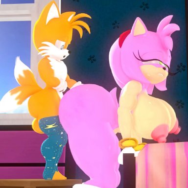 sega, sonic (series), sonic the hedgehog (series), amy rose, miles prower, tails, leviantan581re, 1boy, 1boy1girl, 1girls, age difference, anthro, areola, ass, balls