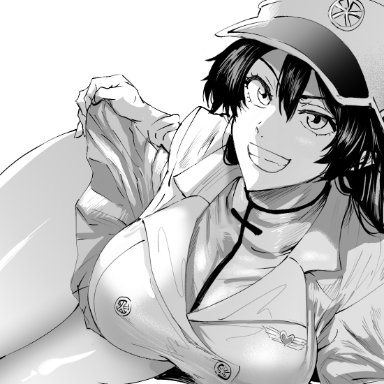 bleach, bambietta basterbine, daraz18aka, 1girls, big breasts, gloves, looking at viewer, simple background, skirt, skirt lift, smile, smiling, thick thighs, uniform, greyscale