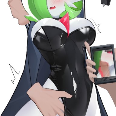 pok&#233;mon, pokemon, gardevoir, generation 3 pokemon, pok&#233;mon (species), re1akko, animal ears, arm grab, arms up, black leotard, blue jacket, blush, bob cut, breasts, bunny ears