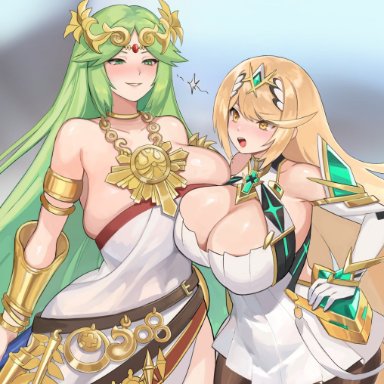 kid icarus, kid icarus uprising, nintendo, super smash bros., super smash bros. ultimate, xenoblade (series), xenoblade chronicles 2, mythra, palutena, norza, 2girls, blonde hair, breasts, cleavage, clothed