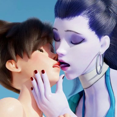 overwatch, tracer, widowmaker, ent duke, 2girls, brown hair, medium breasts, pale skin, purple body, purple hair, purple skin, 3d, 3d (artwork), tagme, video