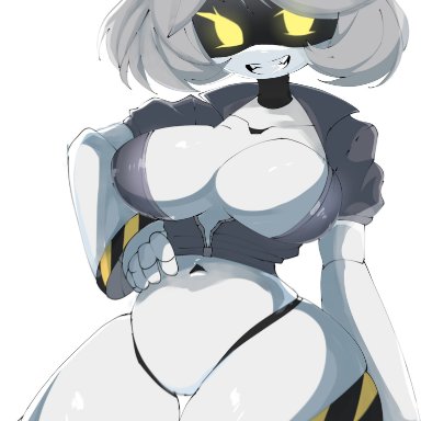 murder drones, v (murder drones), mikatsu27, belly button, breasts, eyebrows visible through hair, female focus, female only, hands on hips, medium breasts, no nipples, no pussy, open jacket, robot, robot girl