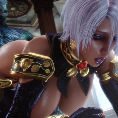 soul calibur, isabella valentine, lizardman (soul calibur), noname55, anthro penetrating human, arched back, bouncing breasts, breasts, female, indoors, intersex, interspecies, large breasts, lizardman, looking at partner