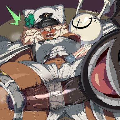 guilty gear, lucifero, ramlethal valentine, captain kirb, areola, blush, bodily fluids, breast play, breast suck, breasts, brown body, brown skin, captainkirb, clothing, erection