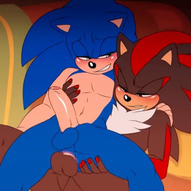 sonic (series), sonic the hedgehog (series), shadow the hedgehog, sonic the hedgehog, krazyelf, spicyrabbitva, black body, black skin, blue body, blue hair, blue skin, collar, cum, cum inside, cumming