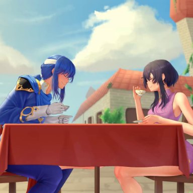 fire emblem, nintendo, larcei (fire emblem), seliph (fire emblem), dagudr, 1boy, 1girls, assertive, assertive female, bare legs, barefoot, black hair, blue hair, cape, closed eyes